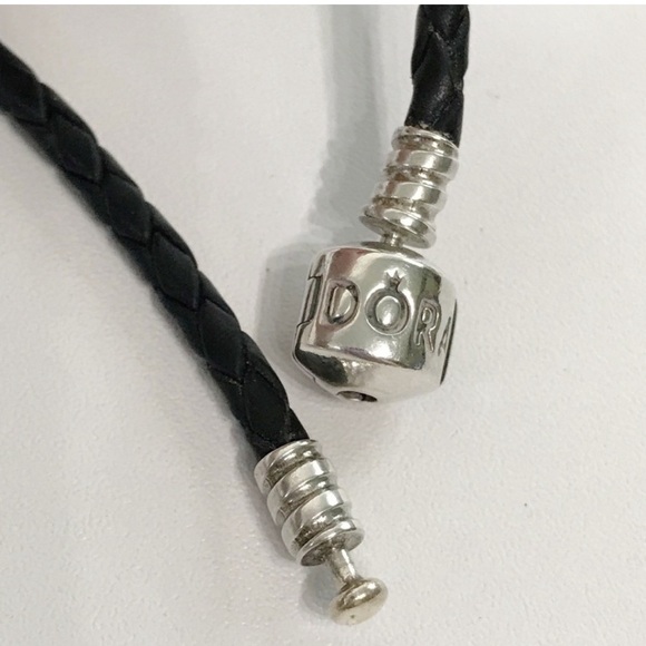 PANDORA VINTAGE BLACK BRAIDED LEATHER DOUBLE BRACELET BARREL CLASP 13 - Picture 4 of 6